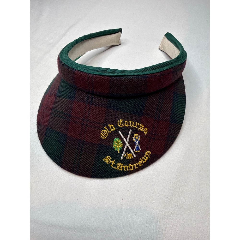 Kangol Old Course St Andrews Golf Visor Plaid Burgundy Green Clip On Vintage